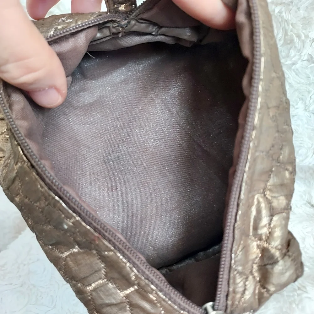 Chic Lancome Bronze Brown Quilted Textured Cosmetic Travel Bag Metallic